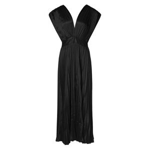 Pleated Dress Cocktail Black Plunging V Cap Sleeve Flowy Low Back Large